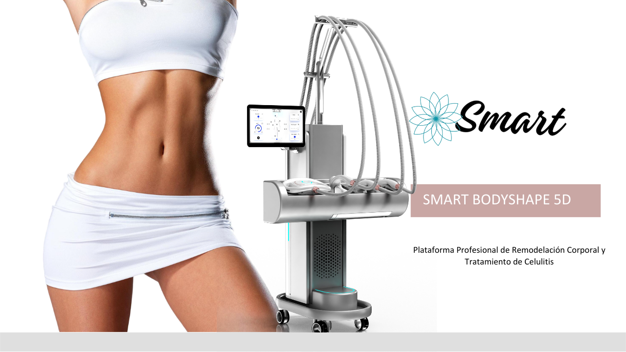 NUEVO SMART BODYSHAPE 5D Máquina de estética corporal junto a una modelo con abdomen tonificado.