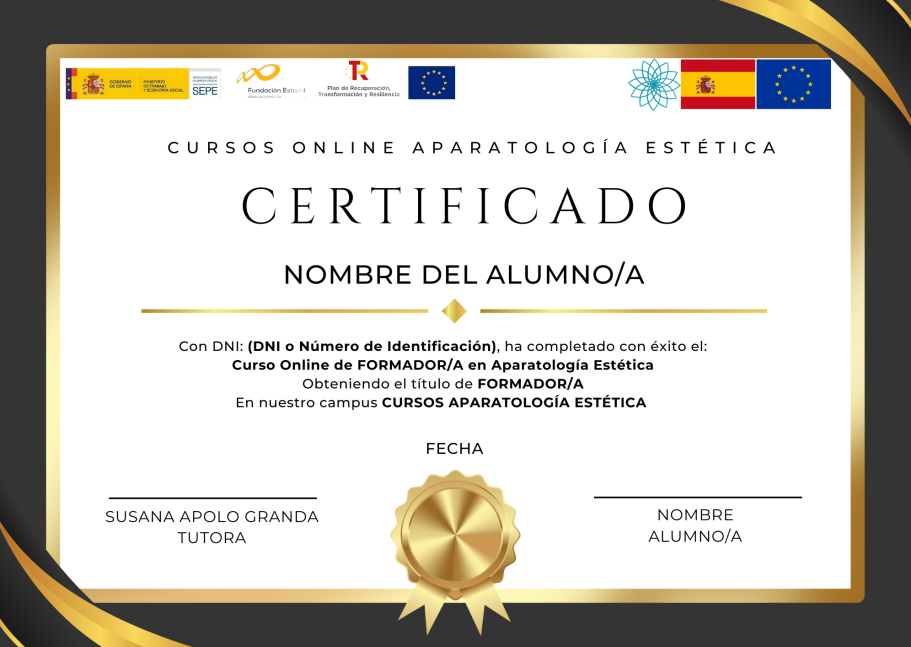 Certificado de curso online en aparatología estética con logotipos y firma.